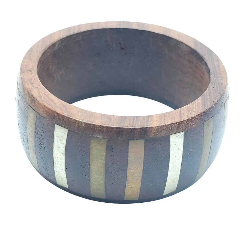 Brown Wooden Brass Striped Inlay Wide Bangle Bracelet Vintage Boho